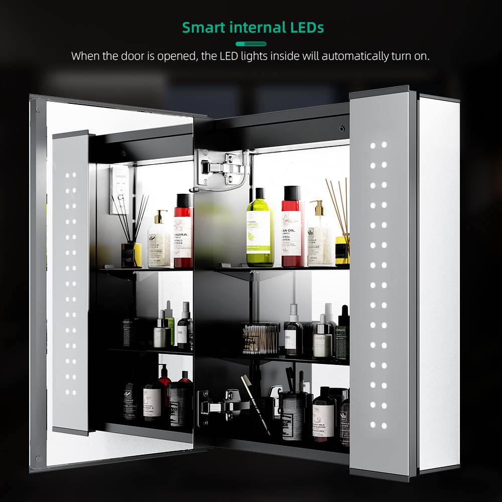 Lumirrors LED Bathroom Mirror Cabinet with Matt Black Aluminum Touch-Switch Anti-fog Shaver Socket 65 x 60cm