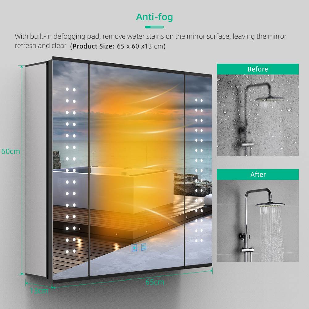 Lumirrors LED Bathroom Mirror Cabinet with Matt Black Aluminum Touch-Switch Anti-fog Shaver Socket 65 x 60cm