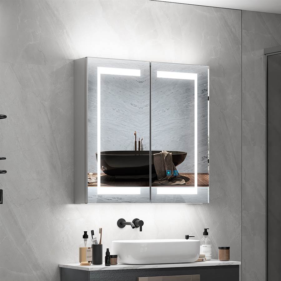 63 x 65cm LED Mirrored Cabinet with 2-Doors Demister Shaver Socket Touch-Switch CB09S